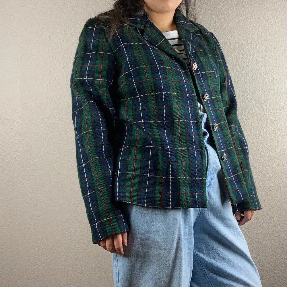 y2k Sag Harbor Green & Blue Tartan Blazer - M - Picture 4 of 5